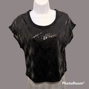 Concert Black Sequin Crop Top with Cap Sleeves Size S